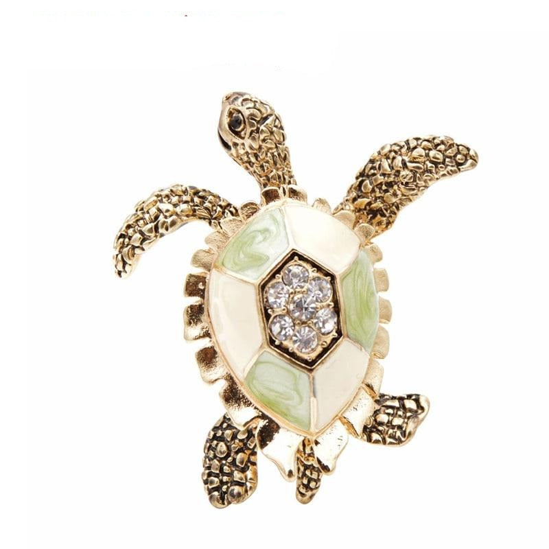 Broche Ancienne Tortue En Métal Doré émaillé - Vintage - Bon état D'usage